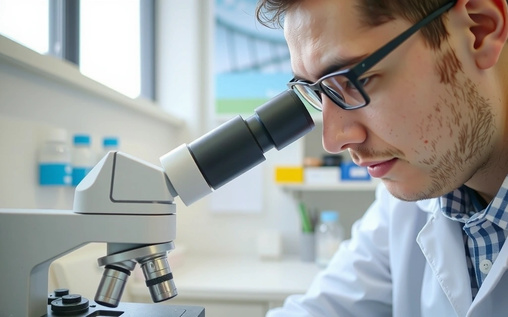 A scientist in a lab coat examining a natural ingredient under a microscope, symbolizing quality control.
