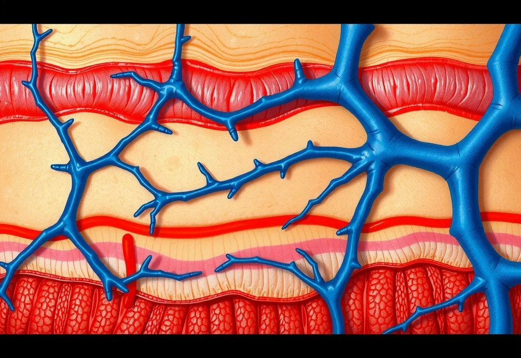 Microscopic view of skin cells and collagen fibers