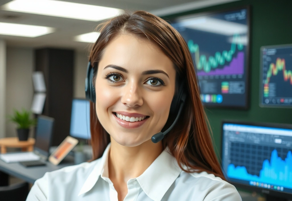 A friendly customer service representative talking on a headset, with a subtle digital interface in the background, conveying support and assistance.