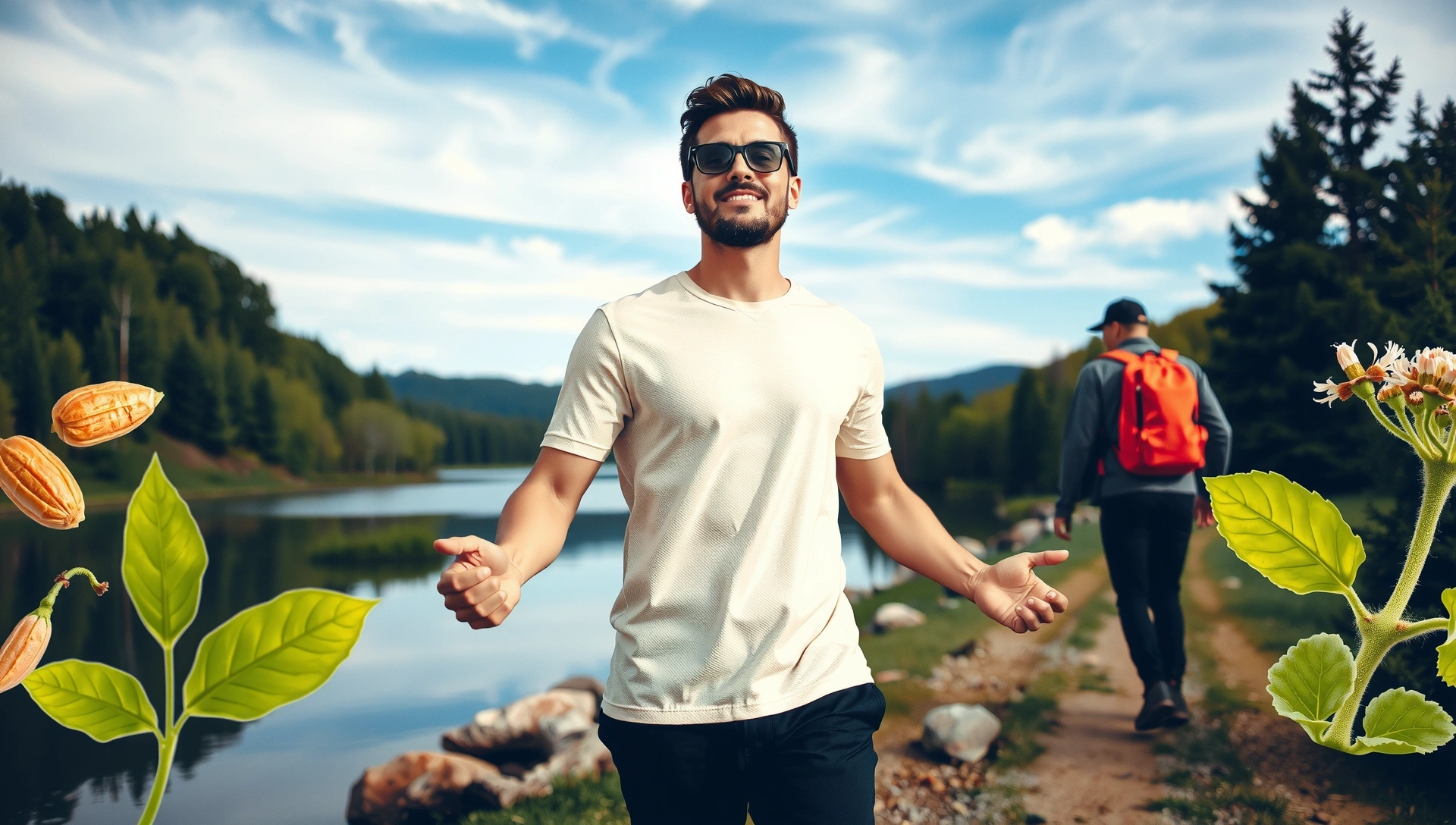 Man hiking in a serene natural setting, embodying vitality and health, with subtle natural supplement elements