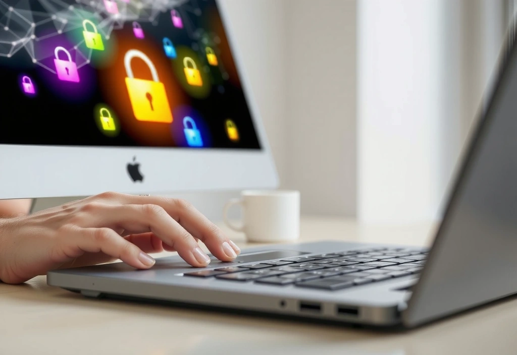 A person typing on a laptop with secure data icons floating around the screen, representing online data input.
