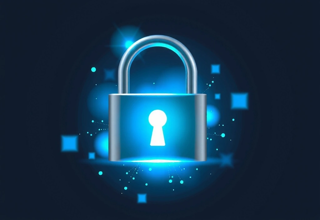 A secure padlock icon surrounded by glowing particles, symbolizing data protection and privacy.